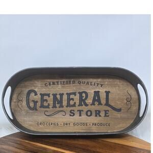 Trinket Fruit Holder Farm Kitchen Oval General Store Wood Tin Decorative Dish